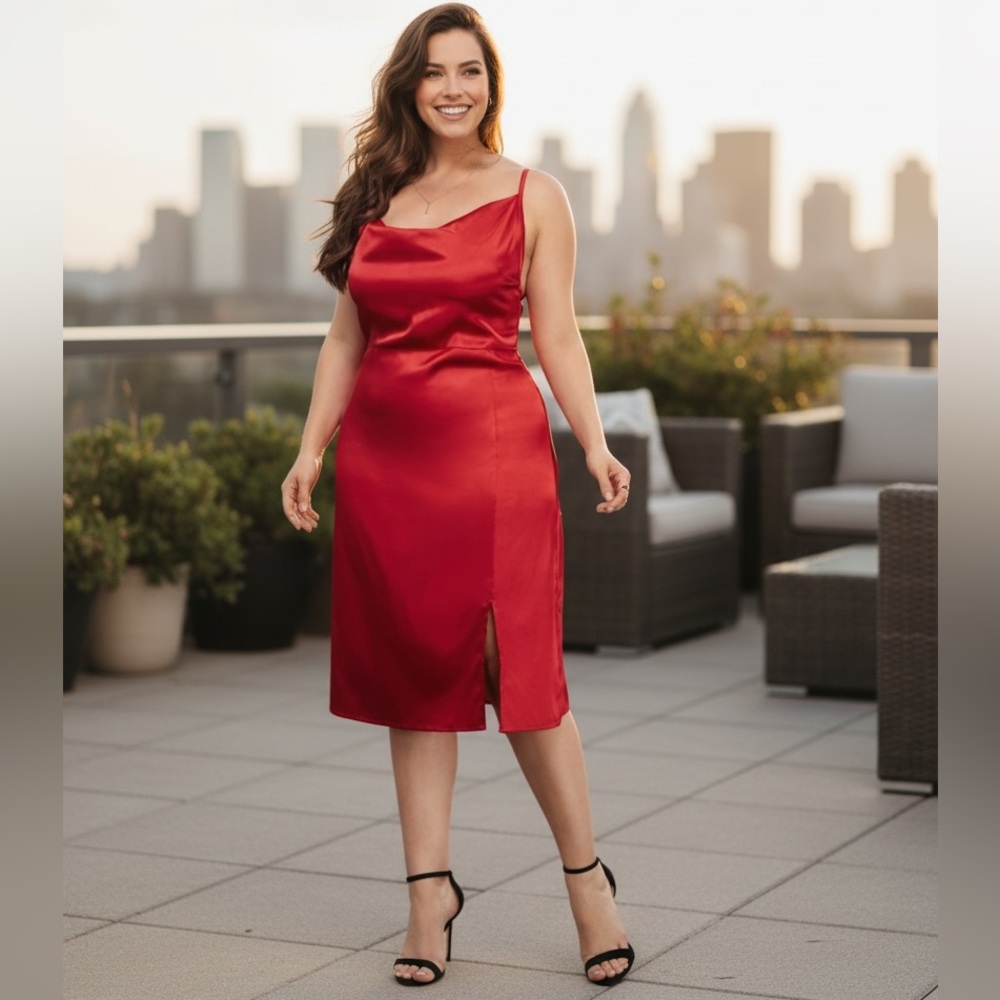NEW•1X-3X•Sugared + Bronzed Renee Classy Red Satin Dress